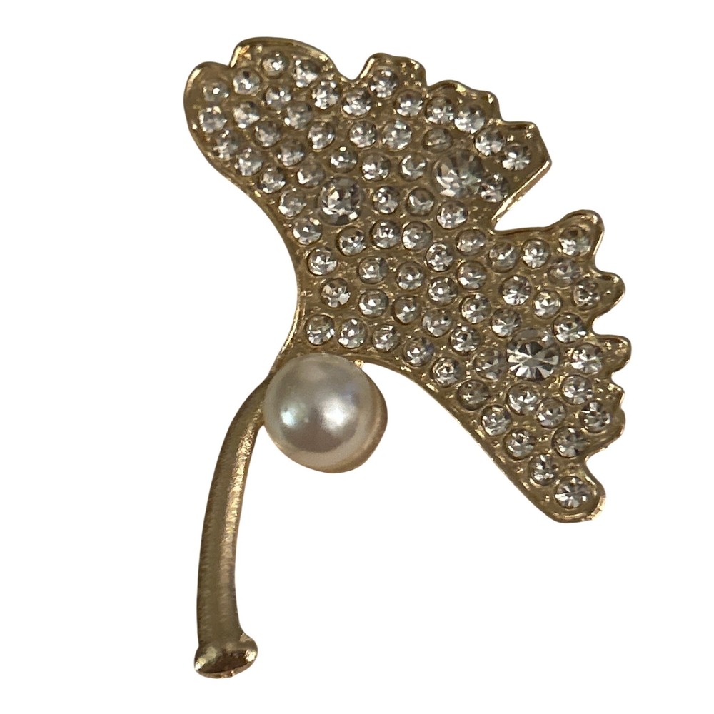 Gold Ginkgo Leaf Brooch Faux Pearl Crystal Pave Nature Inspired Lapel Pin